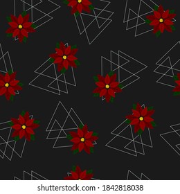 Seamless pattern - poinsettia in a triangle on a grey background.