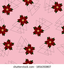 Patrón sin foco - poinsettia en un triángulo sobre un fondo rosado.