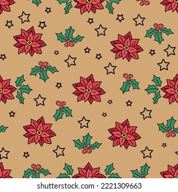 Seamless pattern with poinsettias. Holiday Christmas background for wallpapers, textile, wrapping paper.
