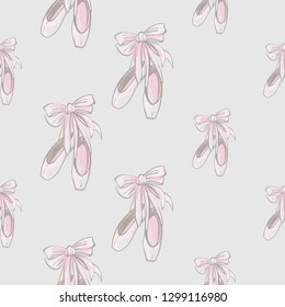 Seamless pattern with pointe ballet shoes. Hand drawn vector sketch. Pinky vintage watercolor illustration on white background. Baby fashion design.