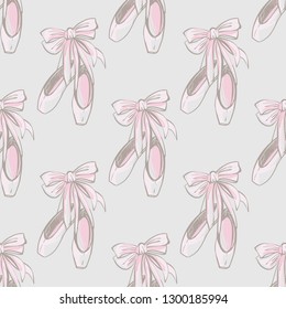 Seamless pattern with pointe ballet shoes. Hand drawn vector sketch. Pinky vintage watercolor illustration on white background. Baby fashion design.