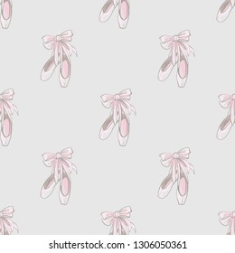 Seamless pattern with pointe ballet shoes. Hand drawn vector sketch. Pinky vintage watercolor illustration on white background. Baby fashion design.