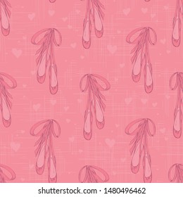 Seamless pattern with pointe shoes for ballerina.  Hand drawn design for Birthday and Baby Shower greeting cards, fabric, wrapping paper, invitation, stationery. Vector illustration.