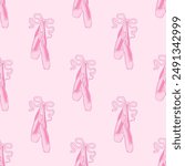 Seamless pattern pointe shoes with bow. Female pink ballet slippers for classic elegant dance. Vector Illustration