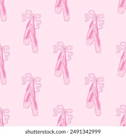 Seamless pattern pointe shoes with bow. Female pink ballet slippers for classic elegant dance. Vector Illustration