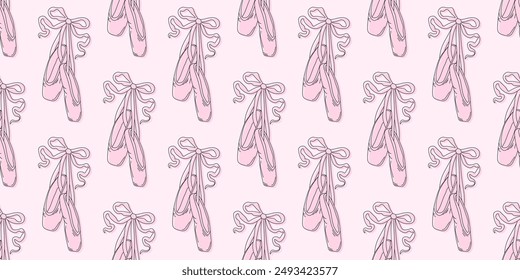 Seamless pattern pointe shoes with bow. Female pink ballet slippers for classic elegant dance. Vector Illustration