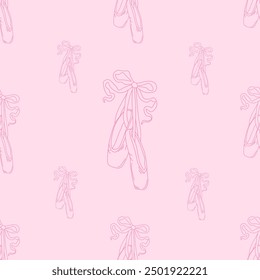 Seamless pattern pointe shoes with bow. Female pink ballet slippers for classic elegant dance. Vector Illustration