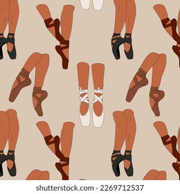 Seamless pattern with Pointe shoes, sketch hand drawn illustration. Ballerina on the pointes. Artist or woman in the ballet studio.