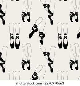 Seamless pattern with  Pointe shoes, sketch hand drawn illustration. Ballerina on the pointes in monochrome style. 
