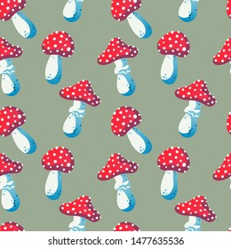 Seamless pattern of poison mushroom, amanita mushroom isolated on green background