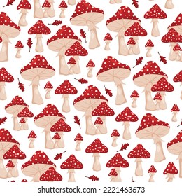 Patrón sin foco de agria de mosca venenosa y fondo blanco de hojas rojas. Hermosa imprenta para textiles, papel pintado, empaque estilo de caricatura.