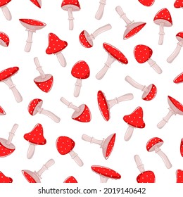 Seamless pattern of poisonous mushroom fly agarics, cartoon background