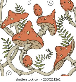 Seamless pattern poisonous mushrooms fly agaric toadstool leaves vector illustration Creative autumn texture for fabric, wrapping, textile, wallpaper, clothing, paper, packaging.