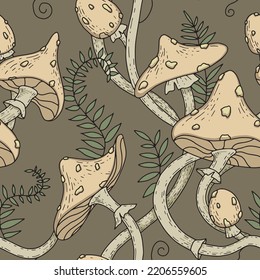 Seamless pattern poisonous mushrooms fly agaric toadstool leaves vector illustration Creative autumn texture for fabric, wrapping, textile, wallpaper, clothing, paper, packaging.