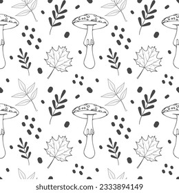 Seamless pattern of poisonous mushrooms. Vector illustration isolated on white background. Fly agaric, toadstool, maple. Different types in the style of line art.