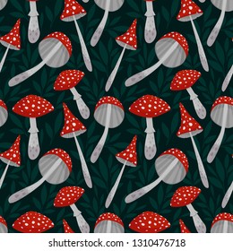 seamless pattern of poisonous red mushrooms on a dark background