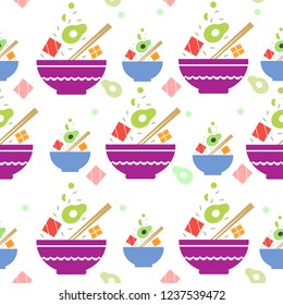 
Seamless pattern with poke bowl on white background
