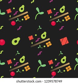 
Seamless pattern with poke bowl on black  background
