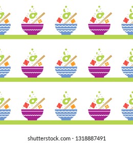 Seamless pattern with poke bowl plate on white background



