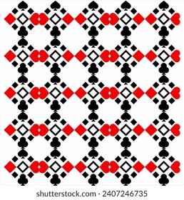 Seamless pattern of poker card symbols. Casino gambling poker background with red and black symbols, vector illustration. for printing on fabric and paper.