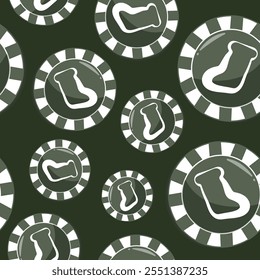 seamless pattern with poker chips, namely chips with the design of a New Year's sock in green colors on a green background