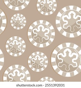 seamless pattern with poker chips, namely chips with a Christmas snowflake design in beige tones on a beige background