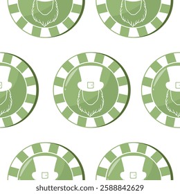 seamless pattern with poker green chips with bearded leprechaun face prints, for various holiday designs