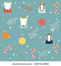 seamless pattern with polar bear, badger, vector background