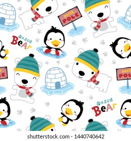 Seamless pattern of polar bear cartoon with cute penguin, north pole element illustration