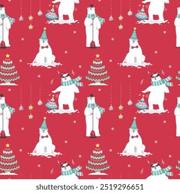 Nahtloses Muster mit Eisbär und Weihnachtsbaum im Cartoon-Stil. Roter Hintergrund. Perfekt für Kinder-Design, Dekor Textilien, Stoffdruck, Weihnachtskarten, Tapeten und Papier-Wrapping-Design.