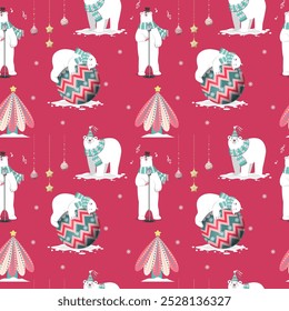 Padrão contínuo com urso polar e árvore de Natal em estilo cartoon. Fundo vermelho. Perfeito para design infantil, têxteis de decoração, impressão de tecido, cartões de Natal e design de papel de embrulho. Feliz Natal.