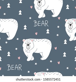 Seamless pattern with polar bear and decorative elements. Vector illustration for printing on fabric, postcard, wrapping paper, gift products, Wallpaper, clothing. Cute baby background. 