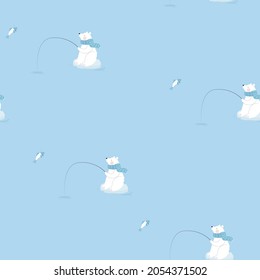 Seamless pattern with polar bear fishing