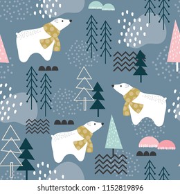 Seamless pattern with polar bear, forest elements and hand drawn shapes. Childish texture. Great for fabric, textile Vector Illustration