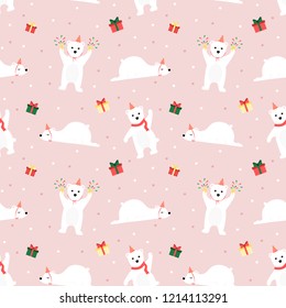 Seamless pattern polar bear and gift on pink background.