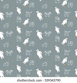 seamless pattern with a polar bear and gift carts. hand-drawn vector illustration