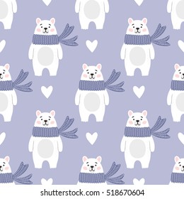 Seamless pattern with polar bear and hearts in mask. Vector illustration for Christmas and New Year greeting cards, fabric, wrapping paper, invitation, stationery. Pattern in the swatches.