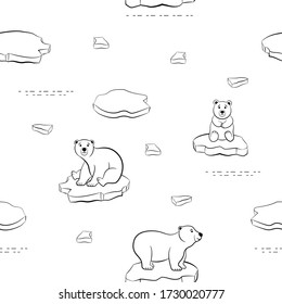 Patrón sin foco de oso polar, osos blancos de contorno aislado, Ártico, océano, icebergs y hielo. Ilustración genial para el diseño de papel pintado, textil y textura. Diseño infantil, tela, envoltura, vestimenta.