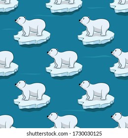 Seamless pattern of Polar Bear, Isolated white bears sitting on icebergs at Arctic. Illustration great for wallpaper, textile and texture design. Kids design, fabric, wrapping, apparel.