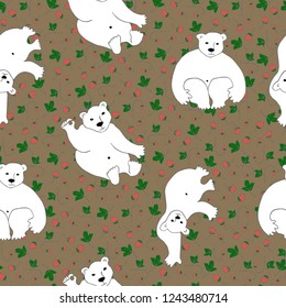 Seamless pattern with polar bear on the wild strawberry meadow