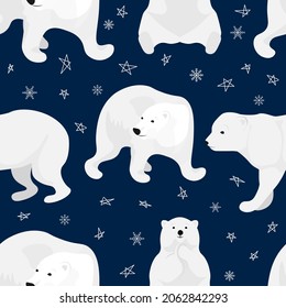 Seamless pattern with polar bear on dark background, Winter pattern with white bear, wrapping paper, pattern fills, winter greetings, web page background, Christmas and New Year greeting cards.