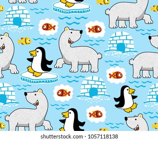 Seamless pattern with polar bear and penguin, igloo, fish.