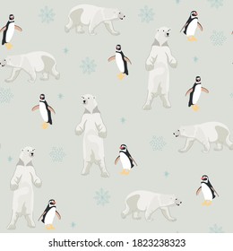 Seamless pattern with polar bear and penguin background, Winter pattern, wrapping paper, pattern fills, winter greetings, web page background.