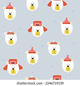 Seamless pattern with polar bear in a red knitted hat. Funny winter print. Vector hand drawn illustration.