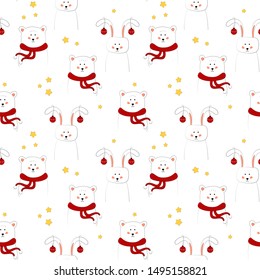 Seamless pattern with polar bear in a scarf and rabbit with Christmas toys. Art for children illustration, holiday packing.