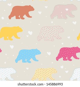 Seamless pattern with Polar Bear silhouettes. Cartoon animal character in pastel colors. Cute background. Stock vector illustration for room wallpaper, fabric textile print, wrapping paper, web banner