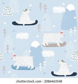 Seamless pattern with polar bear and snowboard. Winter childish print. Vector hand drawn illustration.