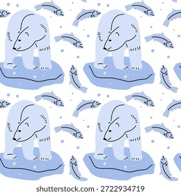 Padrão contínuo com Urso Polar. Urso em pé no gelo, caçando peixes no Oceano Ártico. Conservação da vida selvagem. Ilustrações vetoriais de Wild animal of Arctic Circle. Animal ártico branco do norte