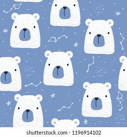 Seamless pattern with polar bear and stars. Vector hand drawn illustration.