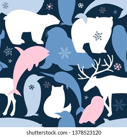 Seamless pattern with Polar Bear Walrus Penguin Narwal Seal Reindeer Whale Arctic Fox Owl silhouette. Arctic Wildlife camouflage style background. Polar animals print. Antarctic Creatures in flat